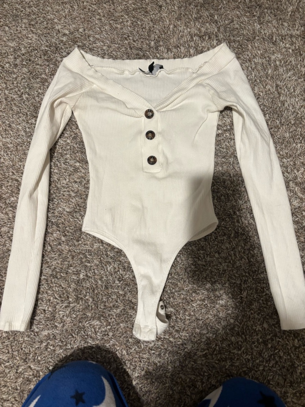 Lulu's Cream Ribbed Button-Front Off-Shoulder Top - Picture 4 of 7